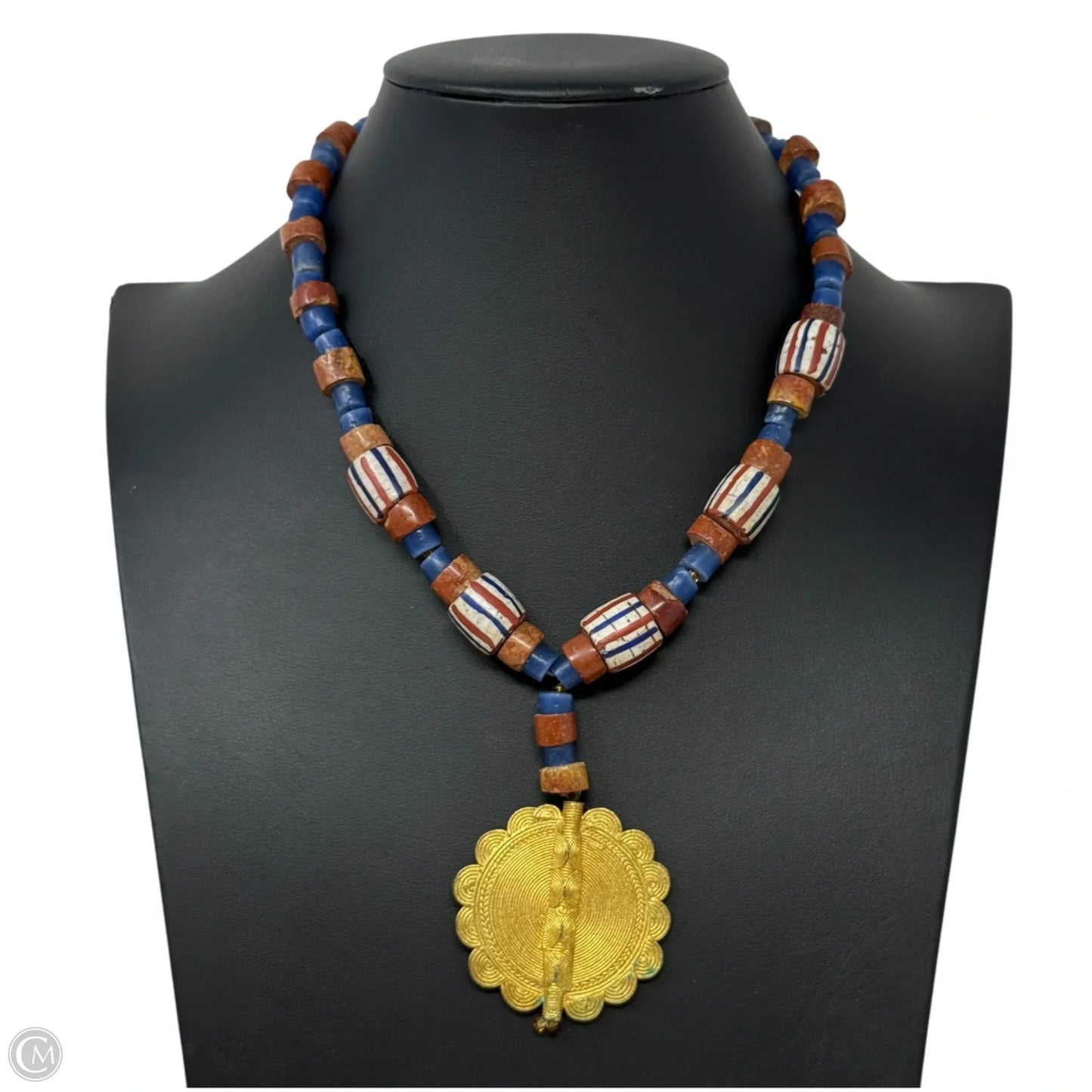 Stone Beaded Y Necklace With Gold Tone Medallion