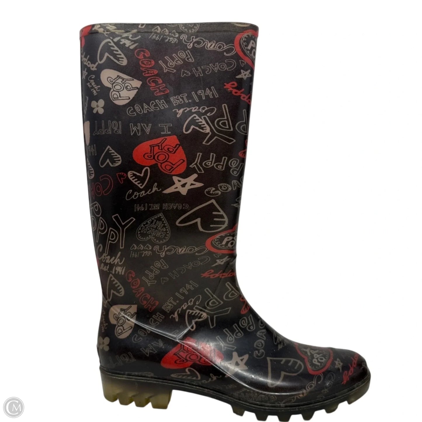 Graffiti Poppy Rain Boots Designer By Coach In Multi-colored, Size: 8