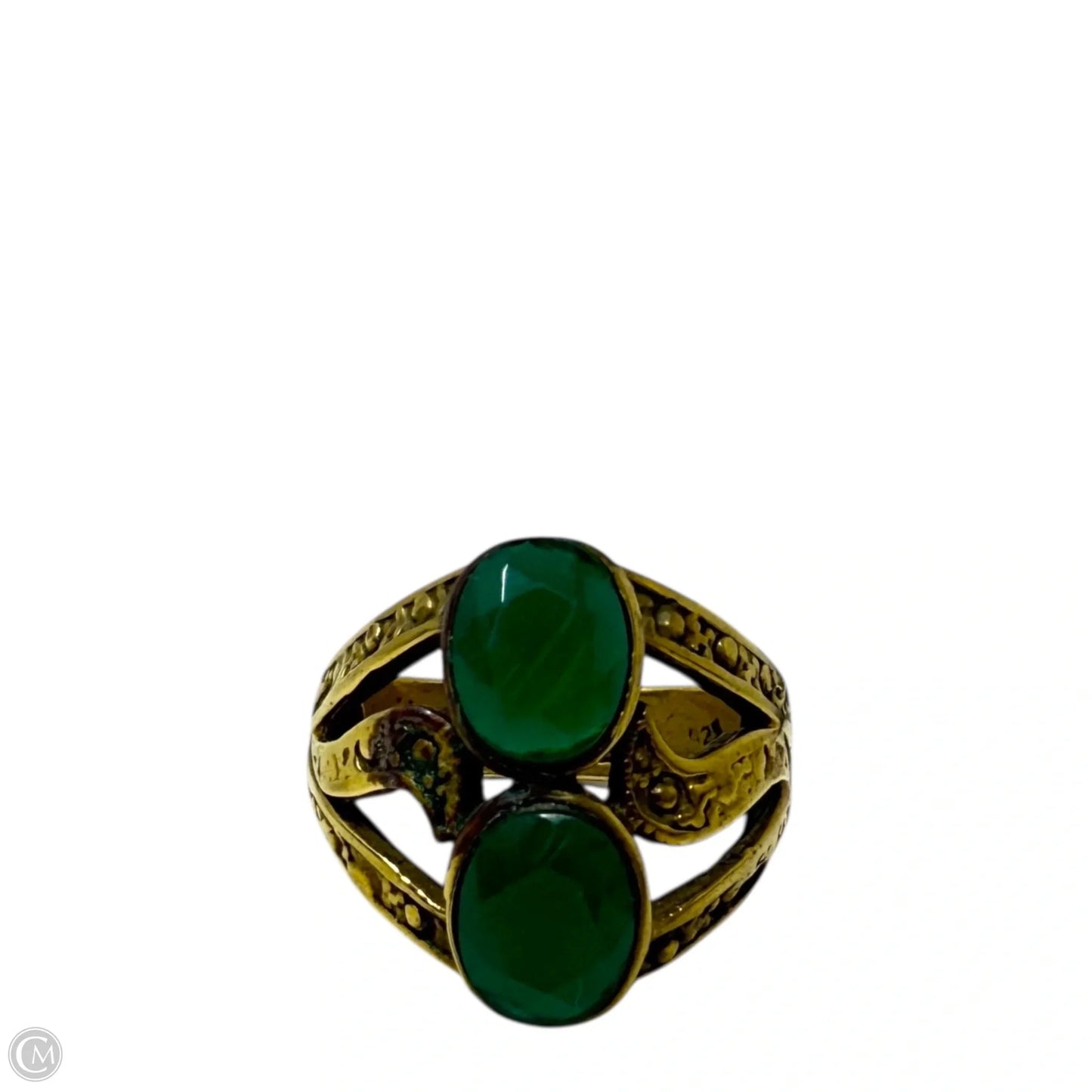 Gold Over Sterling Silver Art Deco Egyptian Revival Faceted Emerald & Marcasite Ring, Size: 8