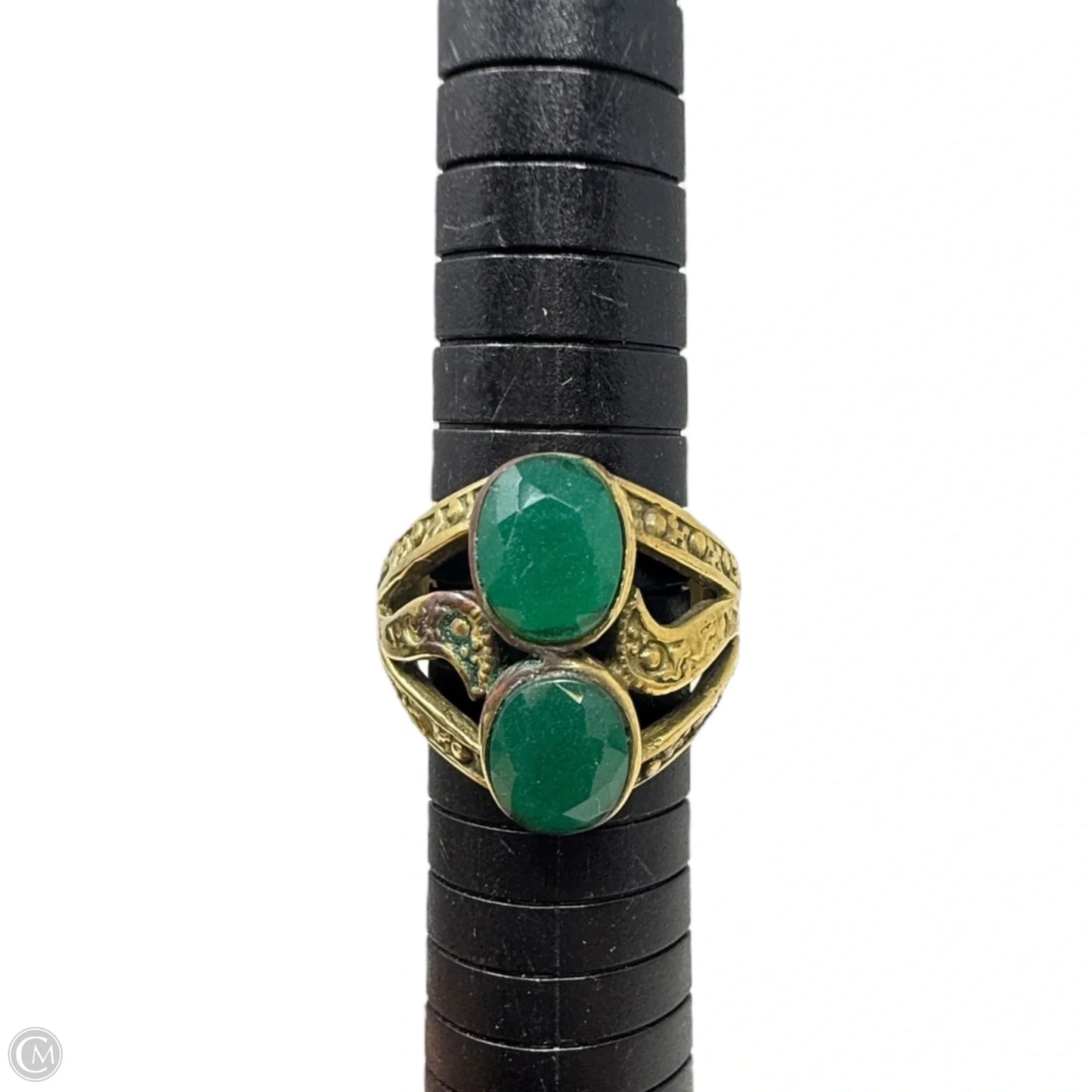 Gold Over Sterling Silver Art Deco Egyptian Revival Faceted Emerald & Marcasite Ring, Size: 8