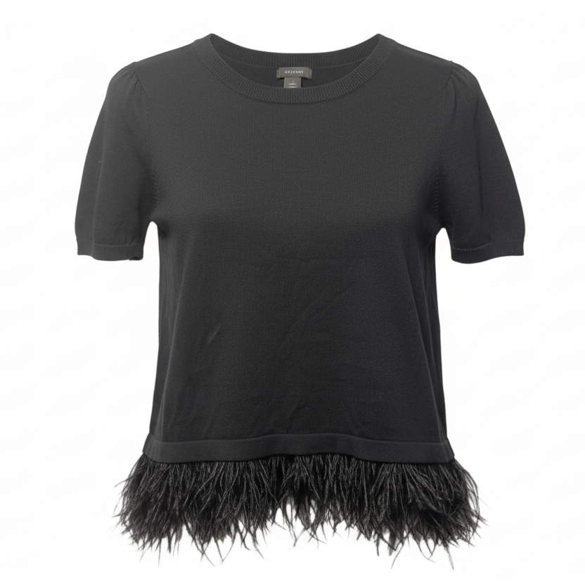 Merino Wool & Ostrich Feather Hem Short Sleeve Sweater By Halogen In Black, Size: S