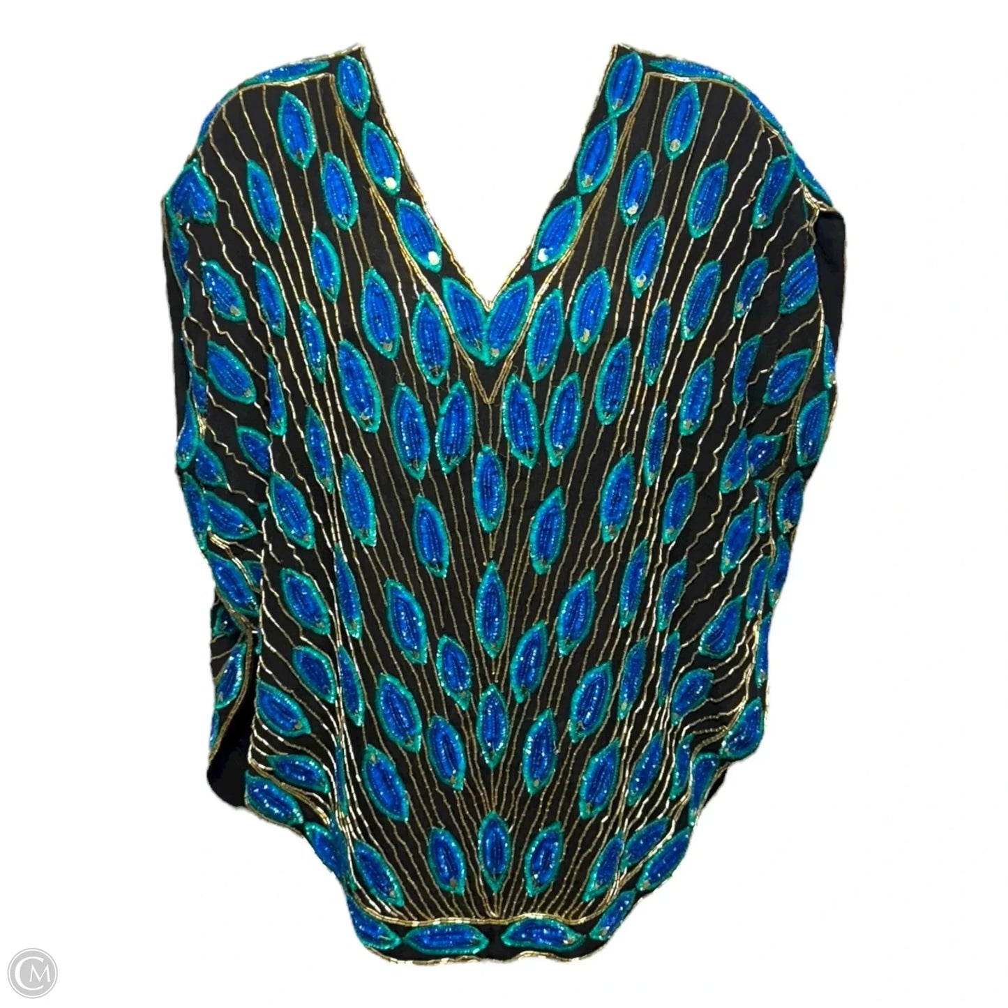 Vintage Silk Hand Beaded V-Neck Batwing Blouse By Swee Lo X Saks Fifth Avenue In Peacock Print, Size: S