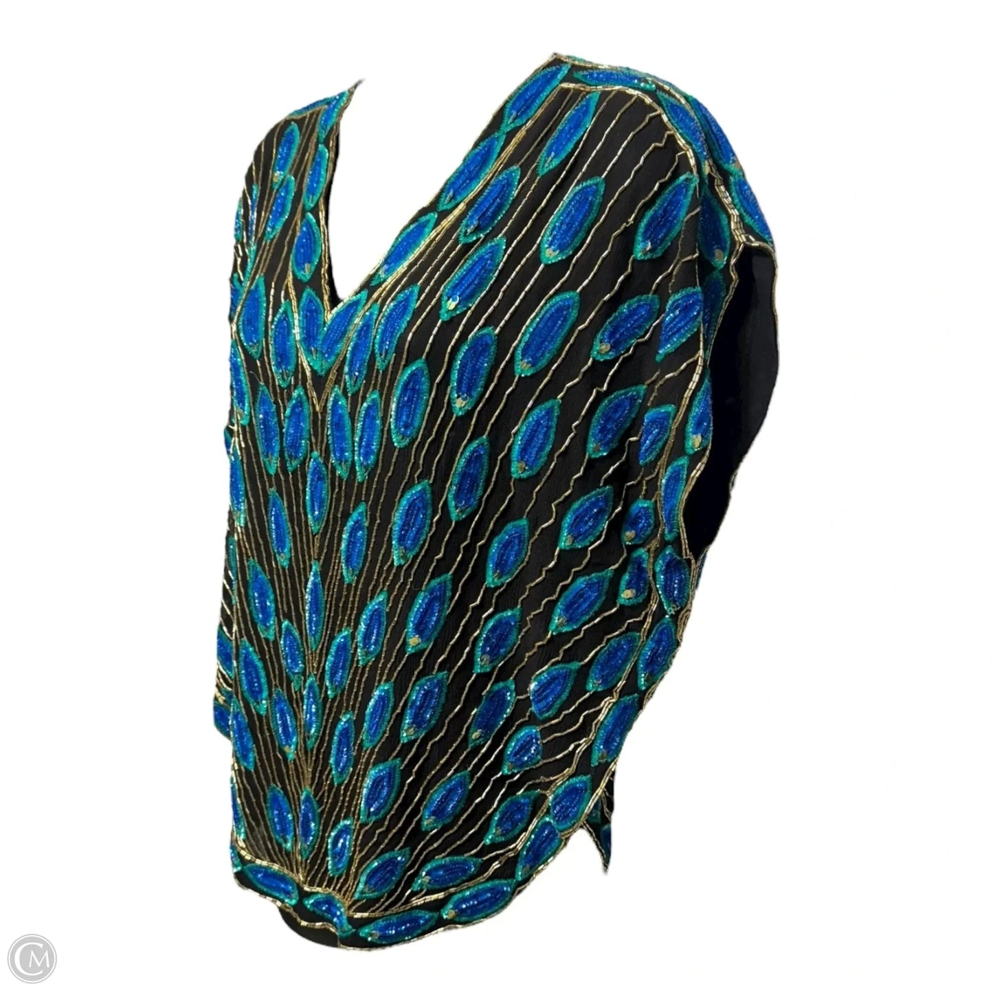 Vintage Silk Hand Beaded V-Neck Batwing Blouse By Swee Lo X Saks Fifth Avenue In Peacock Print, Size: S