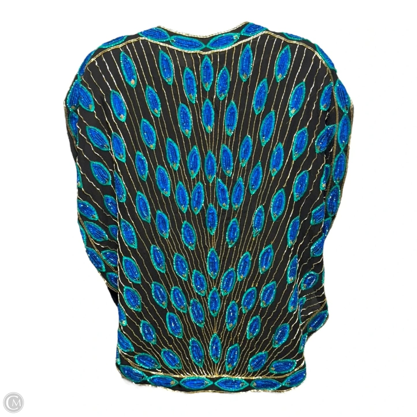 Vintage Silk Hand Beaded V-Neck Batwing Blouse By Swee Lo X Saks Fifth Avenue In Peacock Print, Size: S