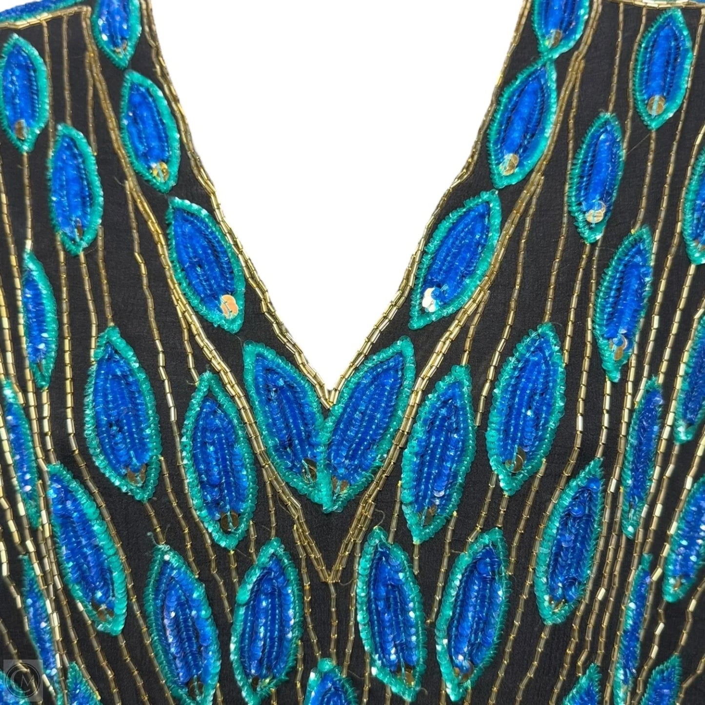 Vintage Silk Hand Beaded V-Neck Batwing Blouse By Swee Lo X Saks Fifth Avenue In Peacock Print, Size: S