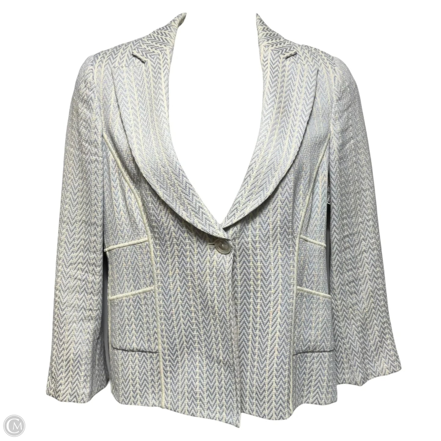Cotton & Linen Blazer Luxury Designer By Armani In Blue & Cream, Size: 16