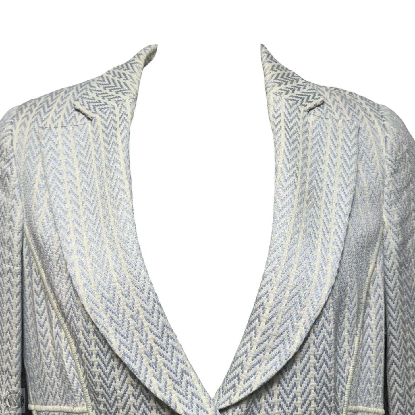 Cotton & Linen Blazer Luxury Designer By Armani In Blue & Cream, Size: 16