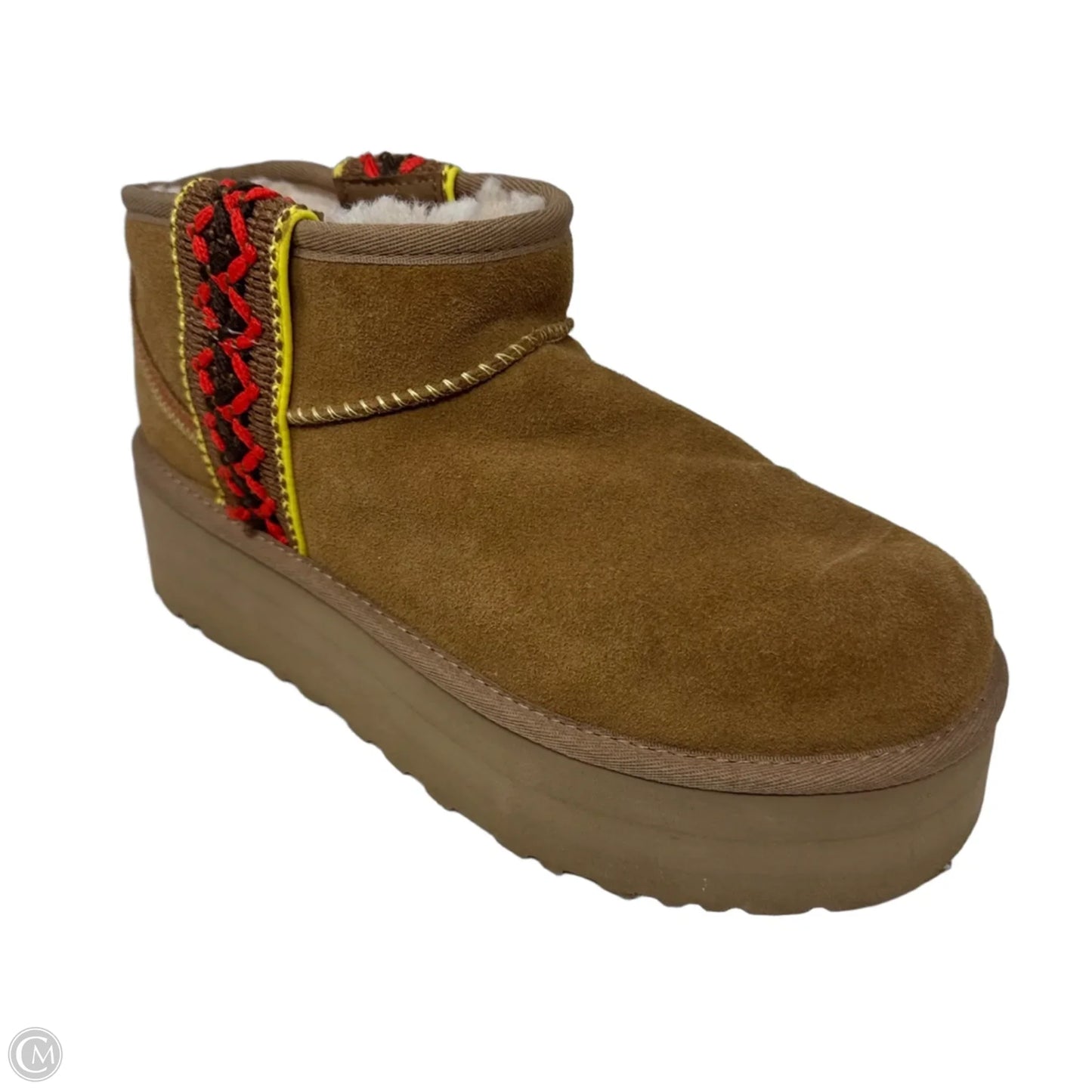 Ultra Mini Platform Boots Designer By Ugg In Brown & Red, Size: 9