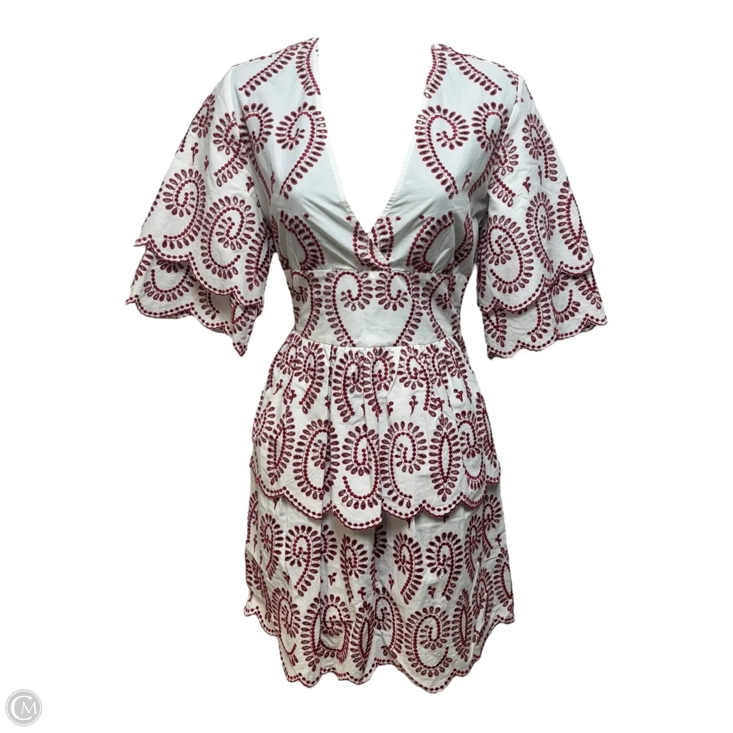 Remember Embroidered Tiered Scallop Hem Dress Casual Short By Maje In Red & White, Size: S