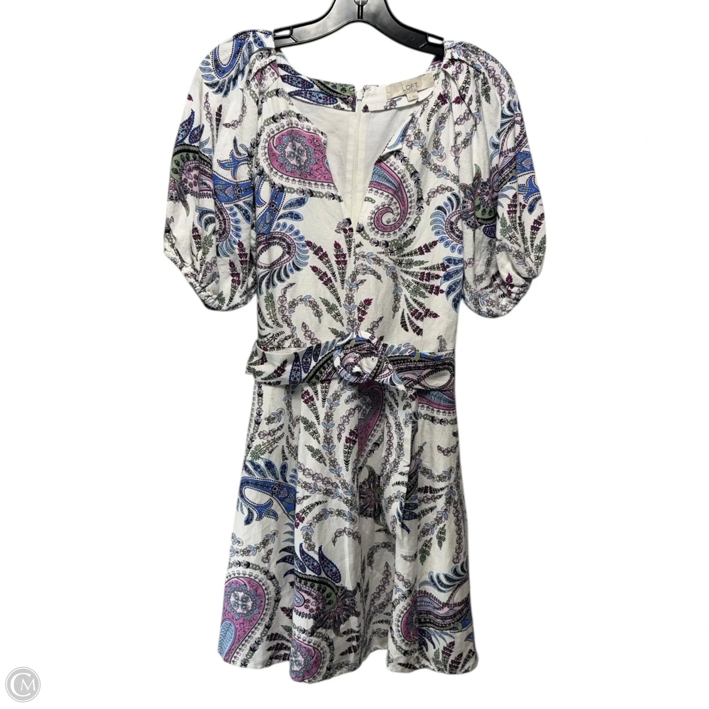 Paisley Linen Blend Belted Puff Sleeve Dress By Loft In Paisley Print, Size: 4