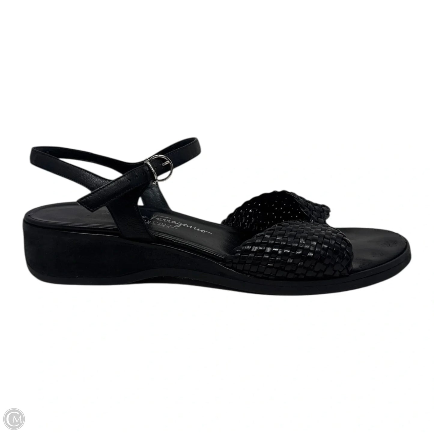 Woven Leather Ankle Strap Wedge Sandals Designer By Ferragamo In Black, Size: 9