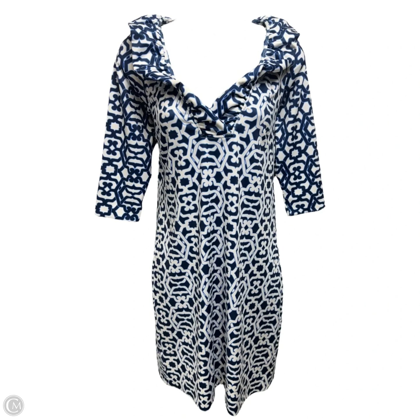 Ruffle Neck Dress Casual Short By Gretchen Scott In Blue & White, Size: S