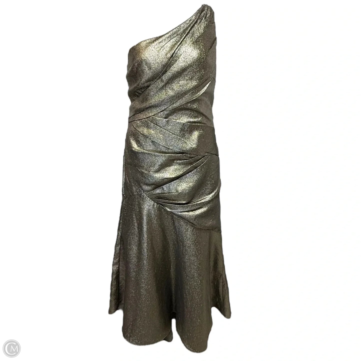 Liquid Silver Goddess Gown By Carmen Marc Valvo In Gold, Size: 12