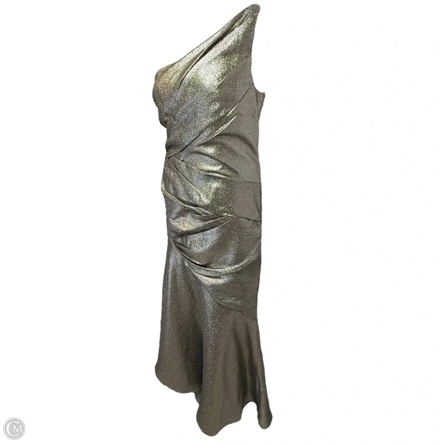 Liquid Silver Goddess Gown By Carmen Marc Valvo In Gold, Size: 12