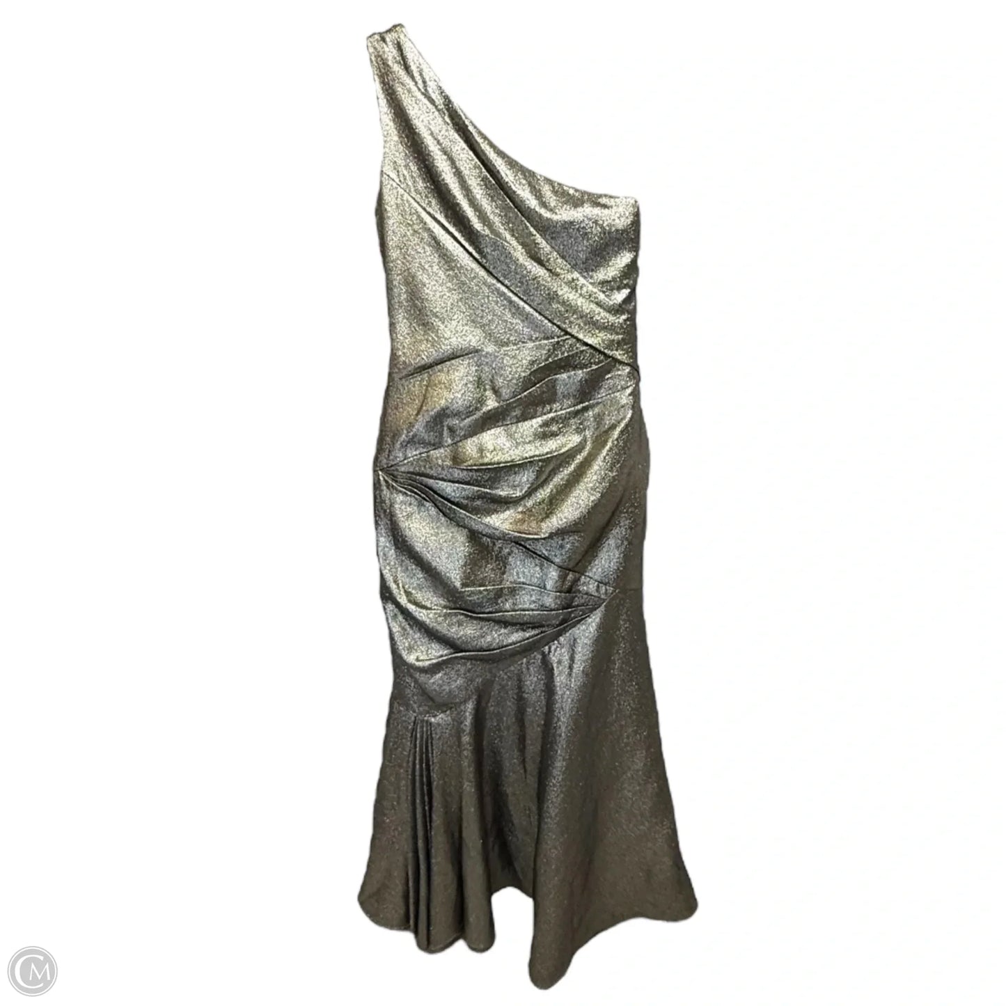 Liquid Silver Goddess Gown By Carmen Marc Valvo In Gold, Size: 12