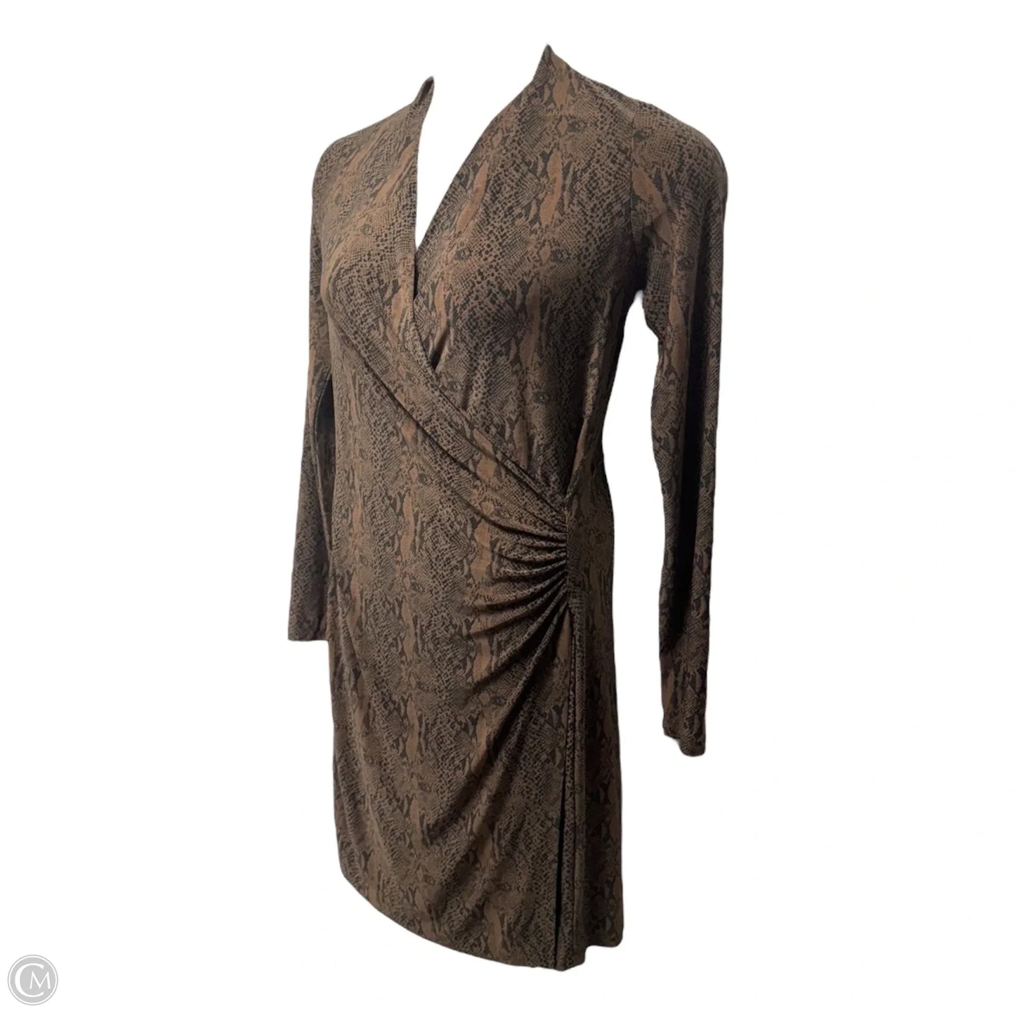 Long-Sleeve Side Draped Dress By Norma Kamali In Snakeskin Print, Size: M
