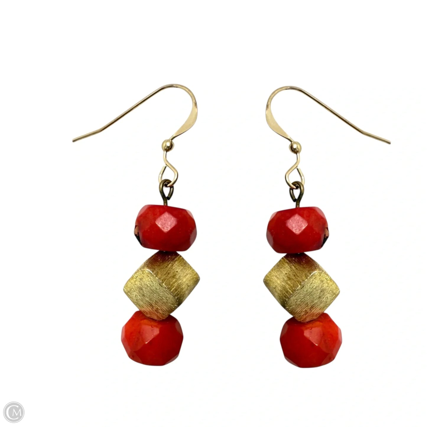 Faceted Red Coral & Brushed Vermeil Box Beaded French Wire Earrings