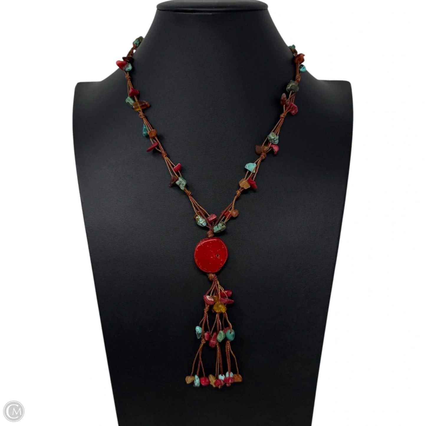 Hand Knotted Coral & Turquoise Bead Lariat Toggle Necklace