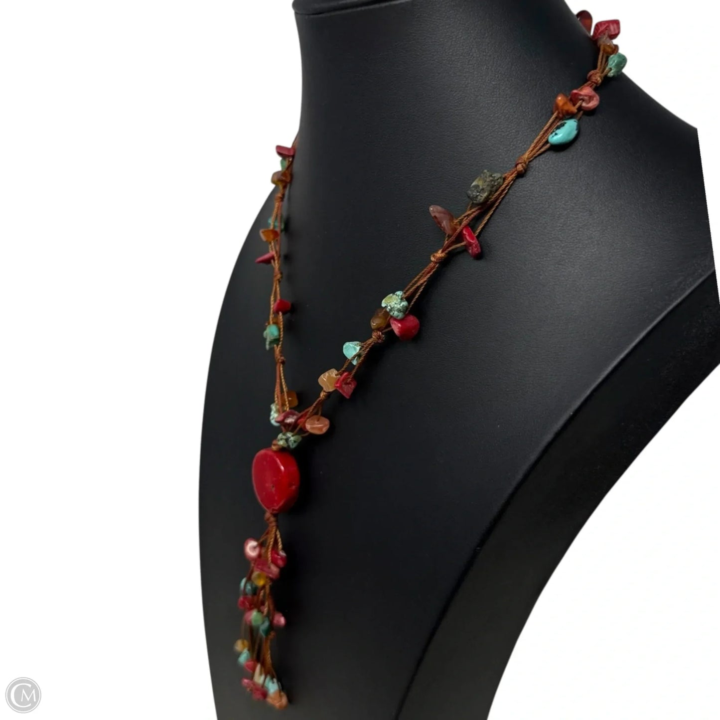 Hand Knotted Coral & Turquoise Bead Lariat Toggle Necklace