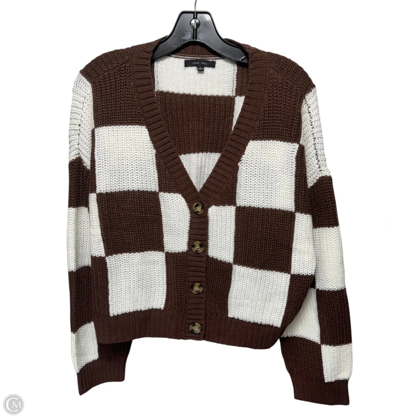 Sweater Cardigan By Love Tree In Checkered Pattern, Size: L