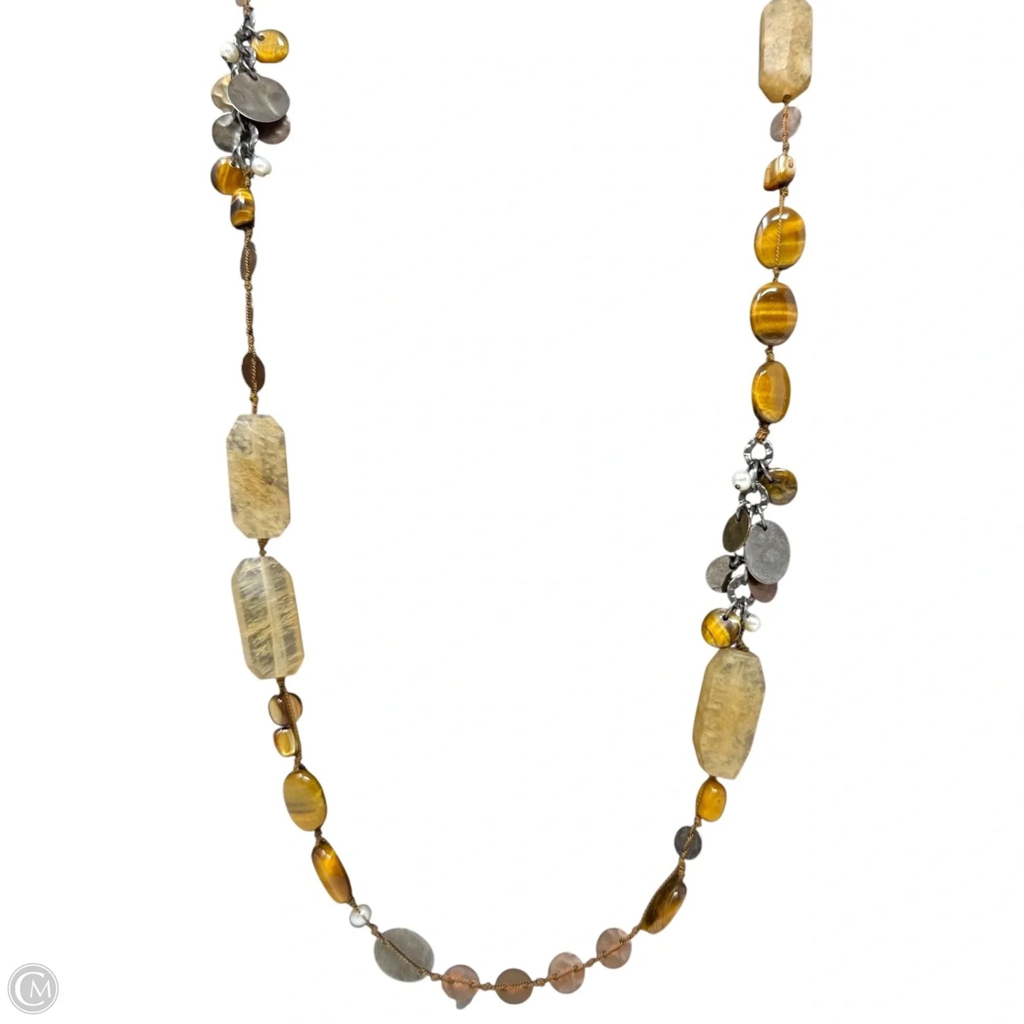 Sterling Silver, Tigers Eye, Quartz, Copper & Pearl Beaded Station Necklace By Silpada