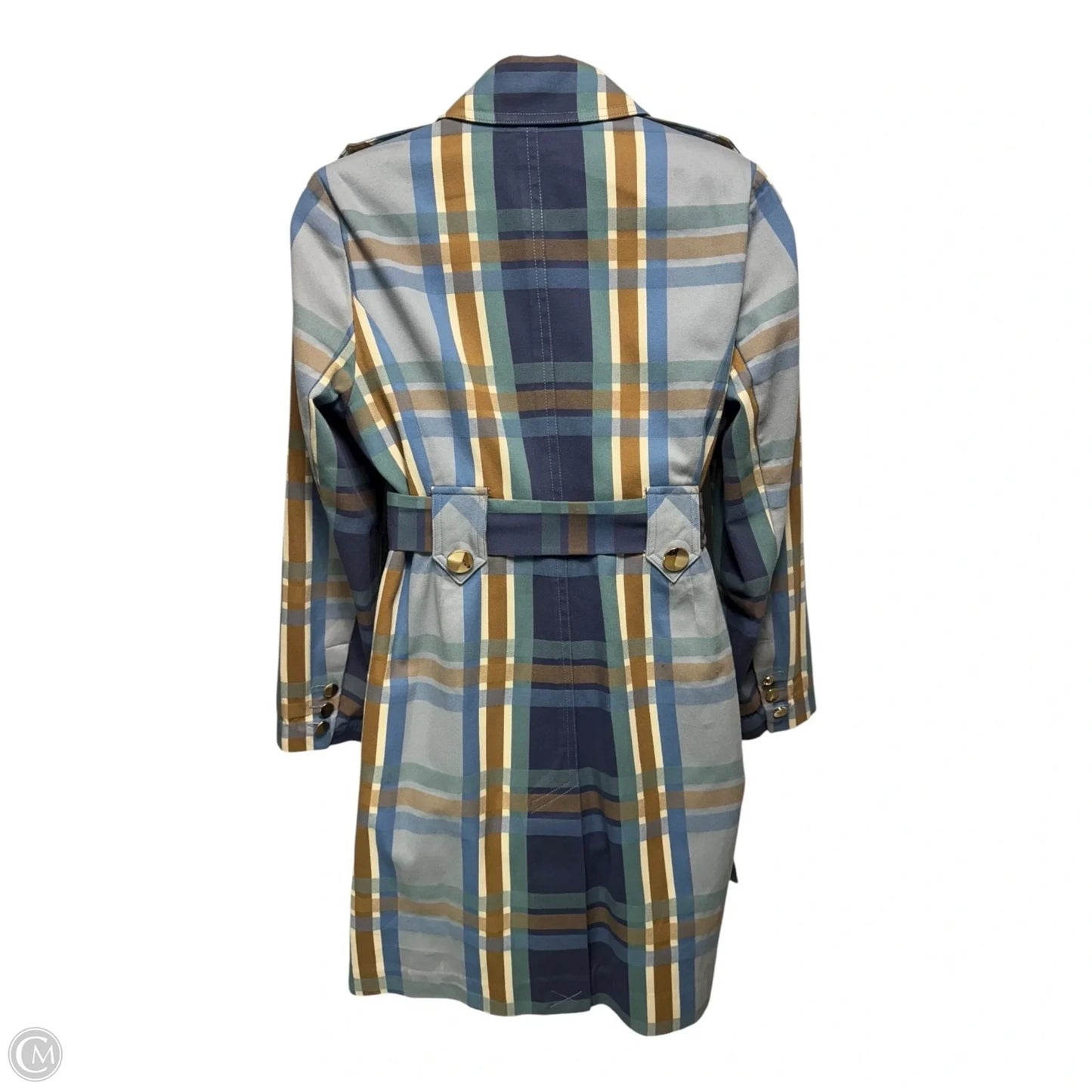 Trench Coat By Cabi In Plaid Pattern, Size: L
