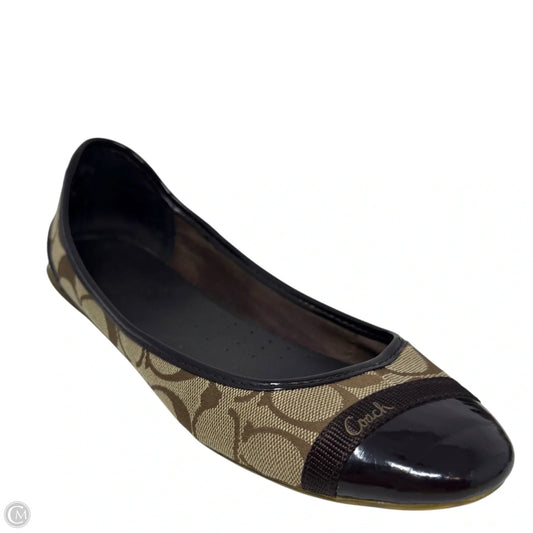 Cecile Canvas Signature Logo Patent Cap Toe Flats Designer By Coach In Brown & Tan, Size: 8