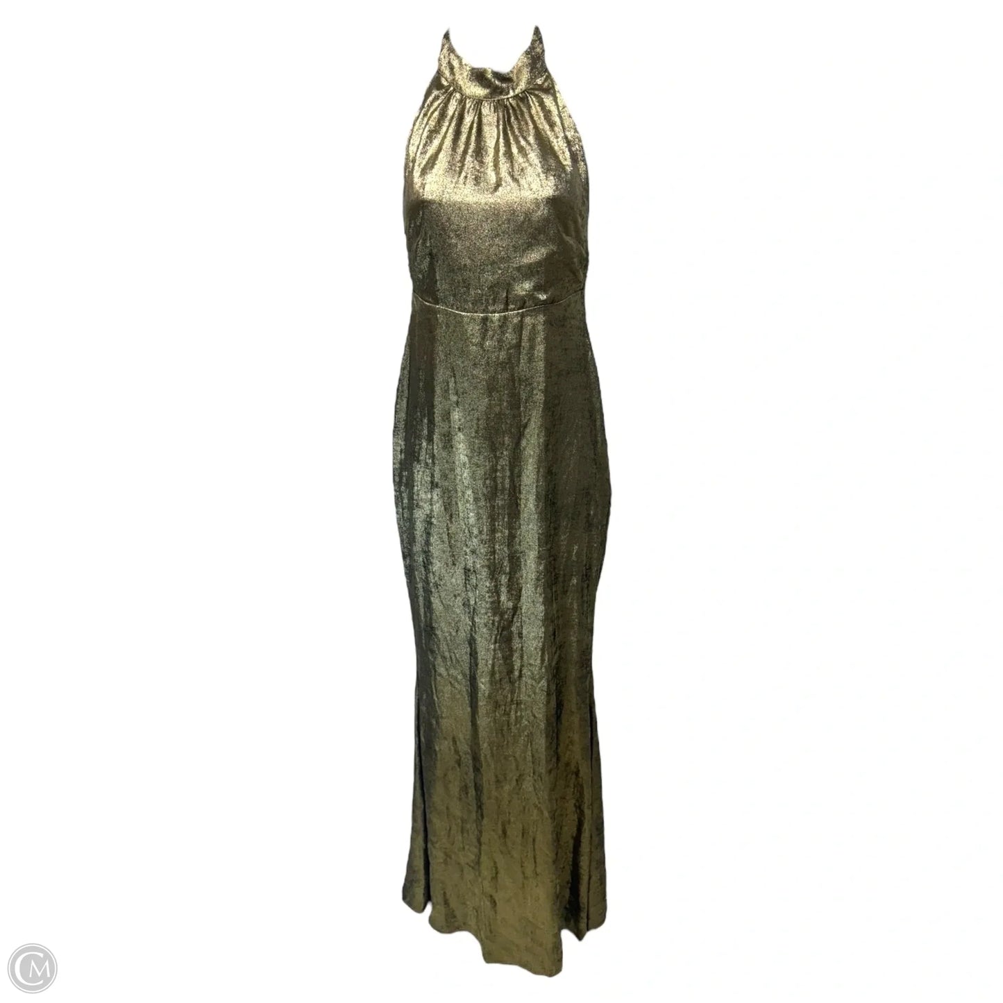 Metallic Halter Column Gown with Crystal Trim Back By Badgley Mischka In Gold Dark Gray, Size: 0