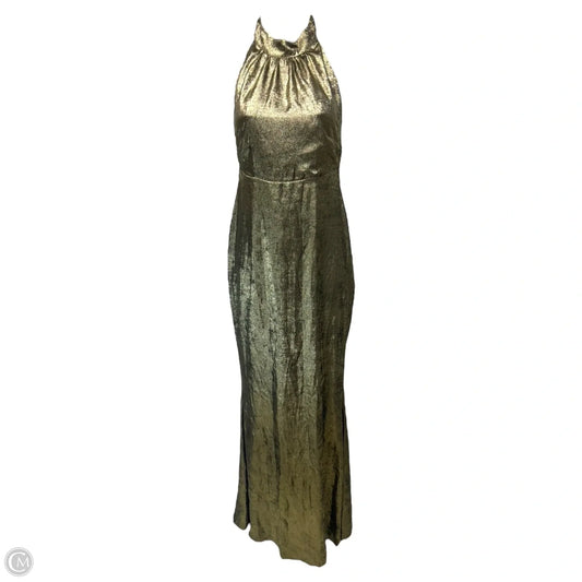 Metallic Halter Column Gown with Crystal Trim Back By Badgley Mischka In Gold Dark Gray, Size: 0