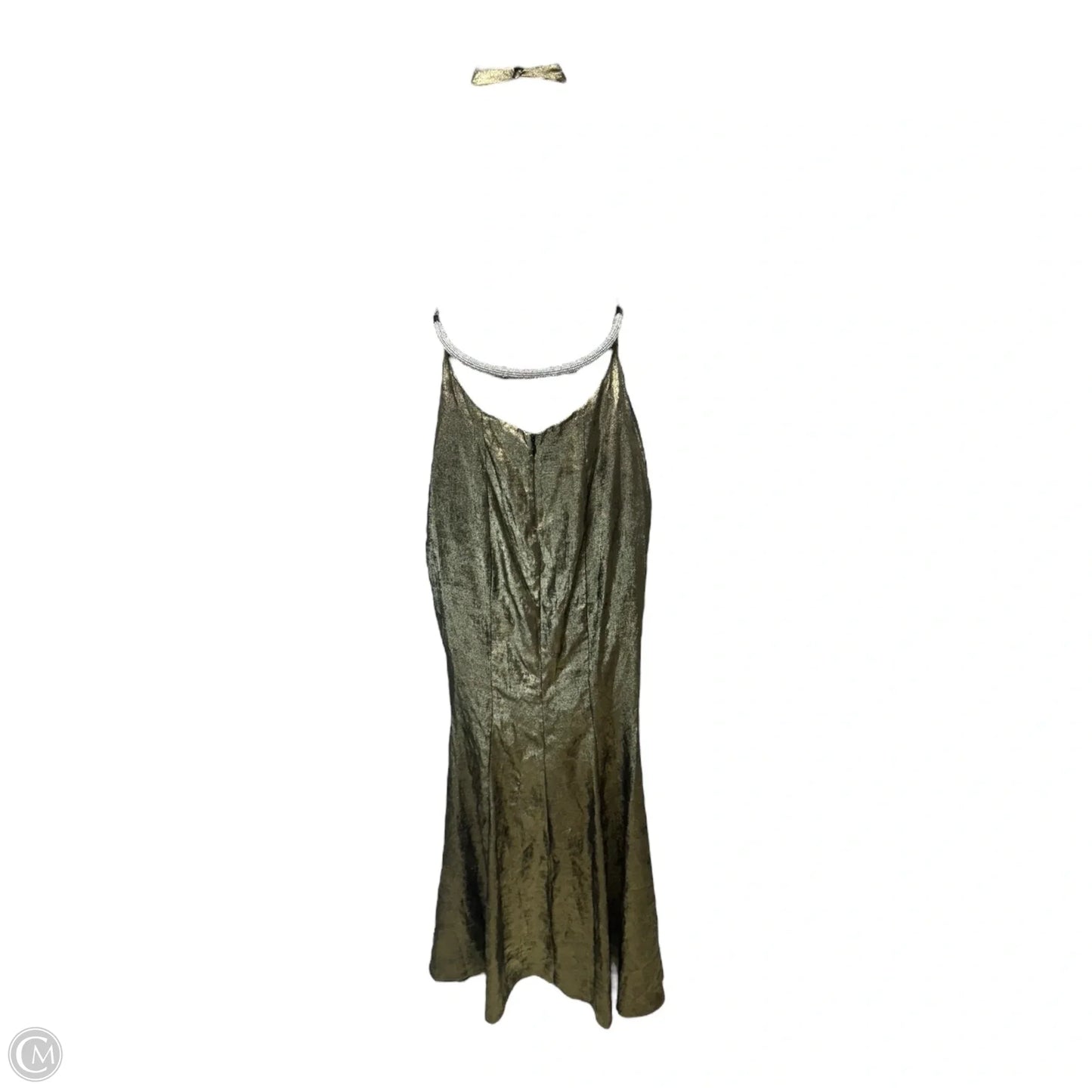 Metallic Halter Column Gown with Crystal Trim Back By Badgley Mischka In Gold Dark Gray, Size: 0