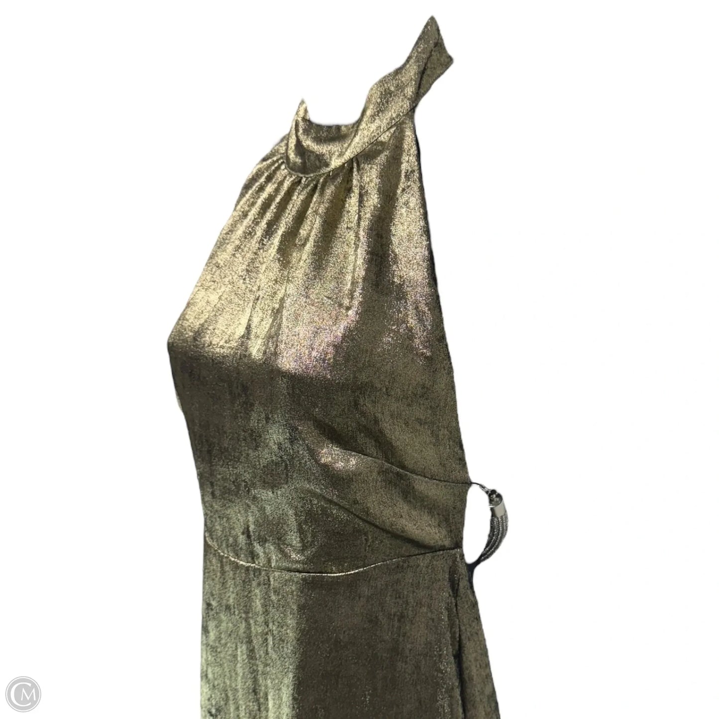 Metallic Halter Column Gown with Crystal Trim Back By Badgley Mischka In Gold Dark Gray, Size: 0