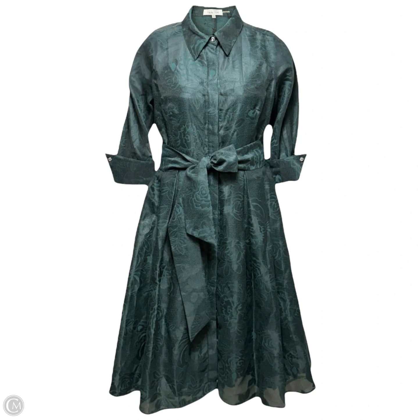 Metallic Jacquard Shirtdress With Floral Print By Rickie Freeman For Teri Jon In Green, Size: 8