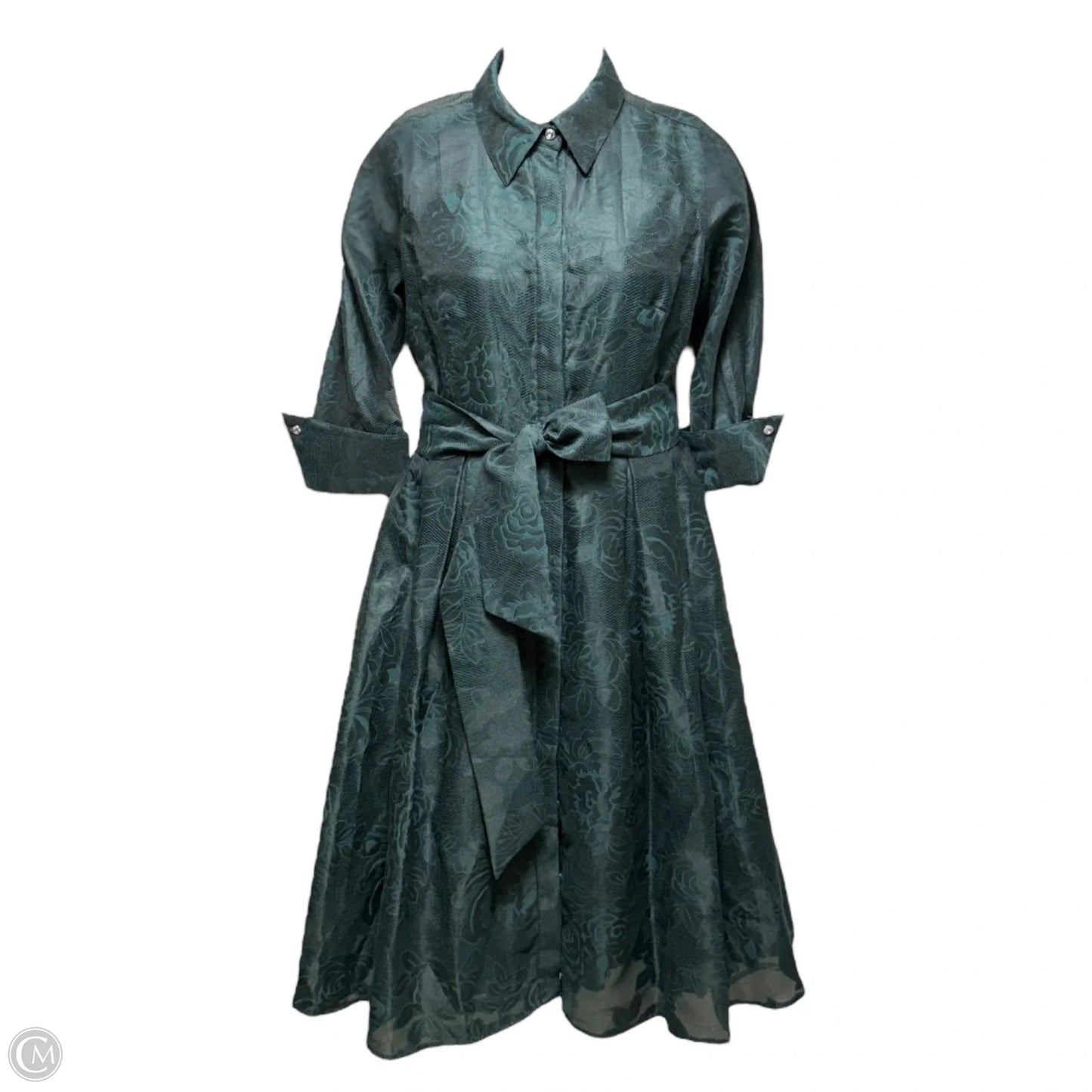 Metallic Jacquard Shirtdress With Floral Print By Rickie Freeman For Teri Jon In Green, Size: 8