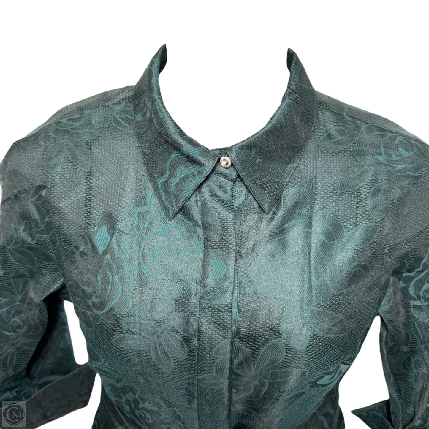 Metallic Jacquard Shirtdress With Floral Print By Rickie Freeman For Teri Jon In Green, Size: 8