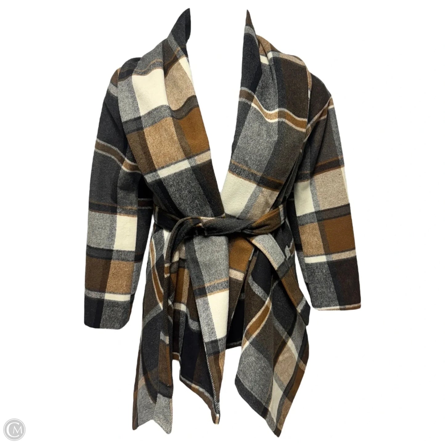 Belted Coat Wool Blend By Chicwish In Plaid Pattern, Size: L