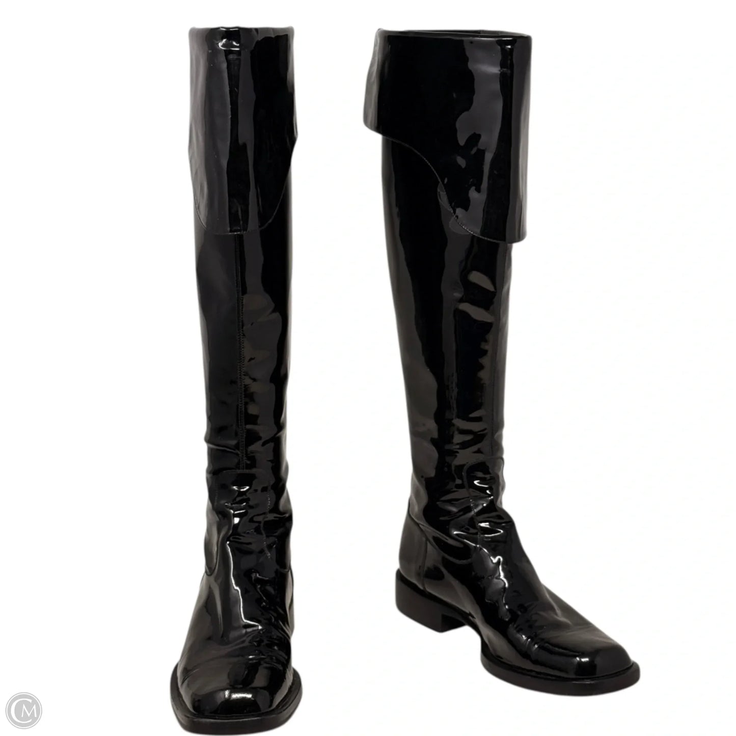Vintage 2001 F/W Collection Patent Leather Cavalier OTK Boots Luxury Designer By Chanel In Black, Size: 7/37.5