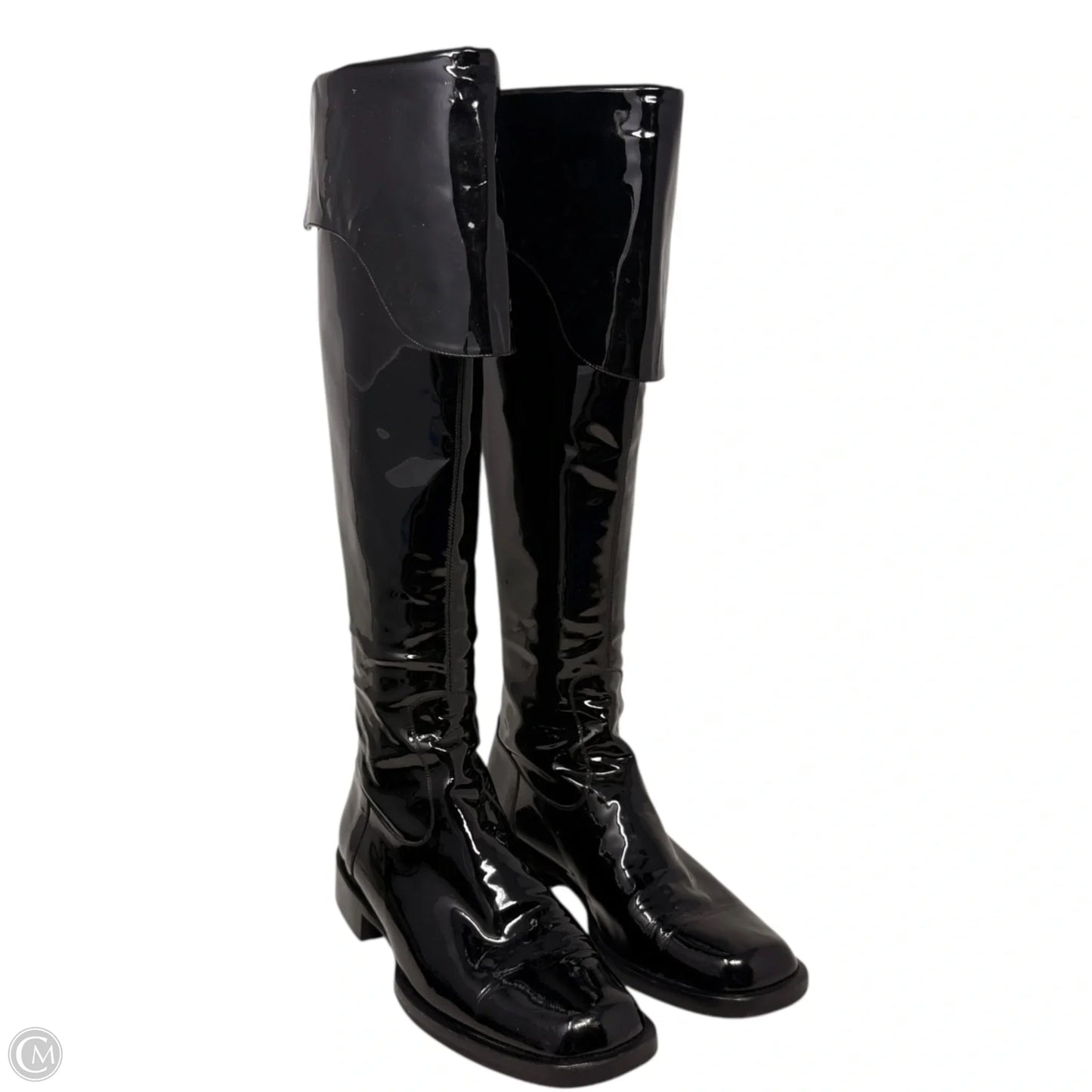 Vintage 2001 F/W Collection Patent Leather Cavalier OTK Boots Luxury Designer By Chanel In Black, Size: 7/37.5