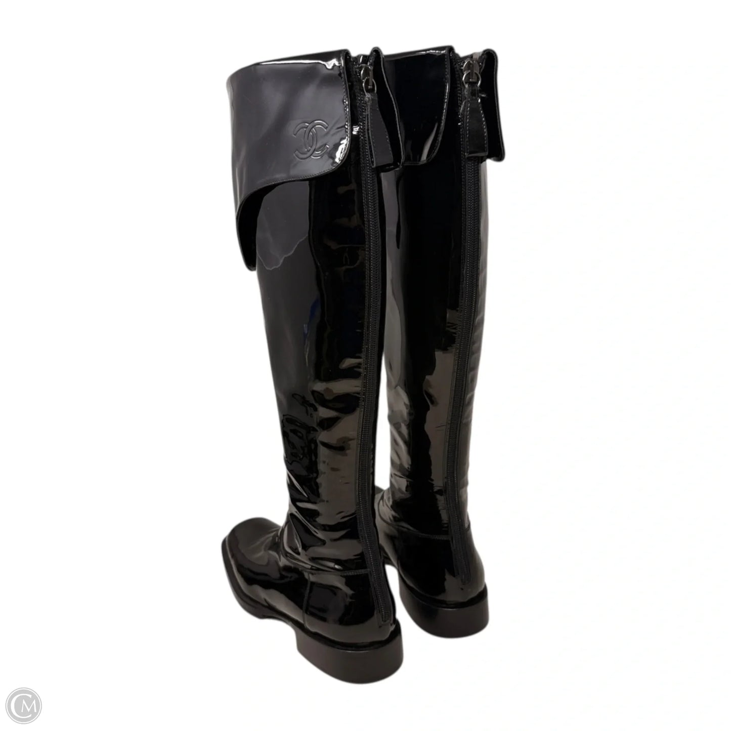 Vintage 2001 F/W Collection Patent Leather Cavalier OTK Boots Luxury Designer By Chanel In Black, Size: 7/37.5