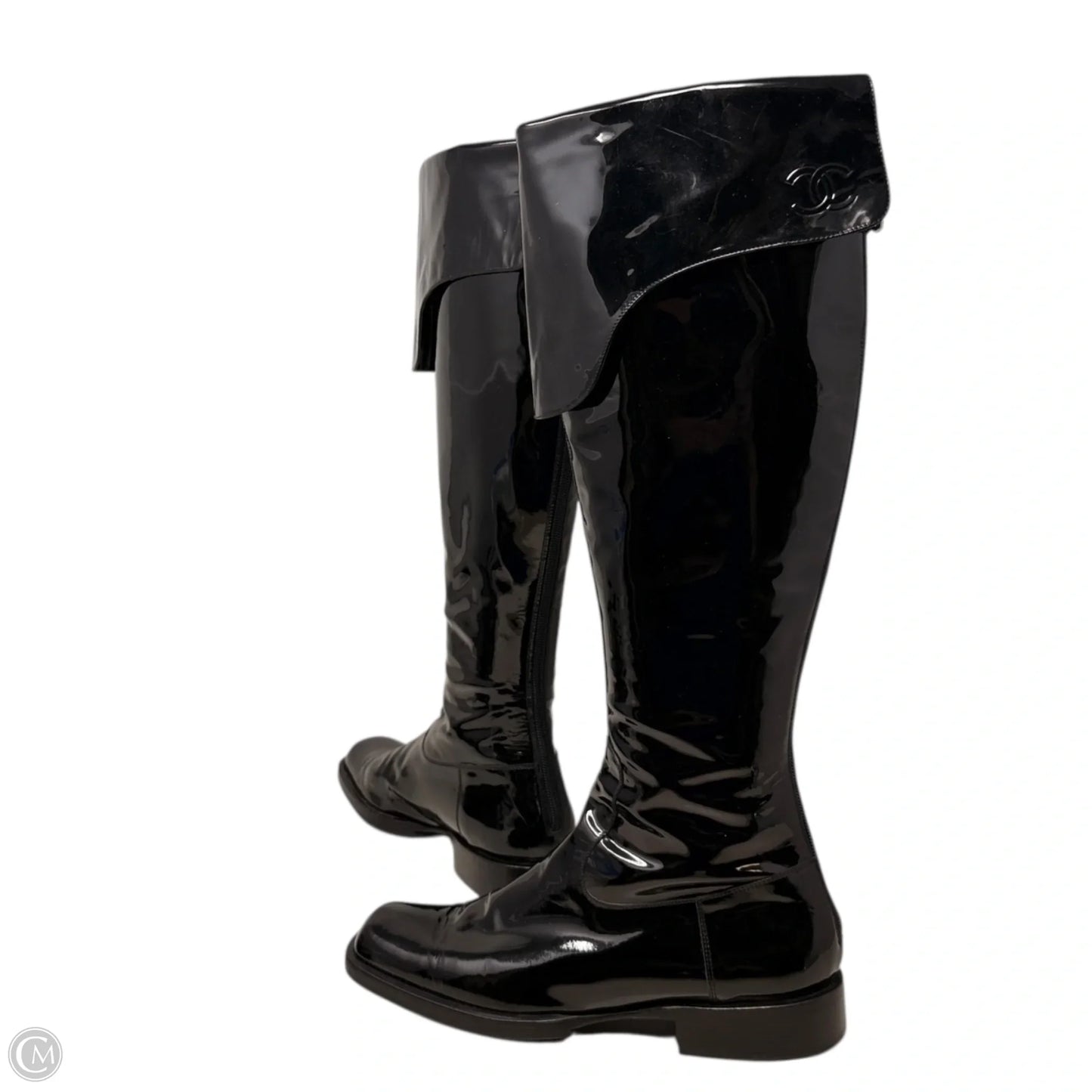 Vintage 2001 F/W Collection Patent Leather Cavalier OTK Boots Luxury Designer By Chanel In Black, Size: 7/37.5