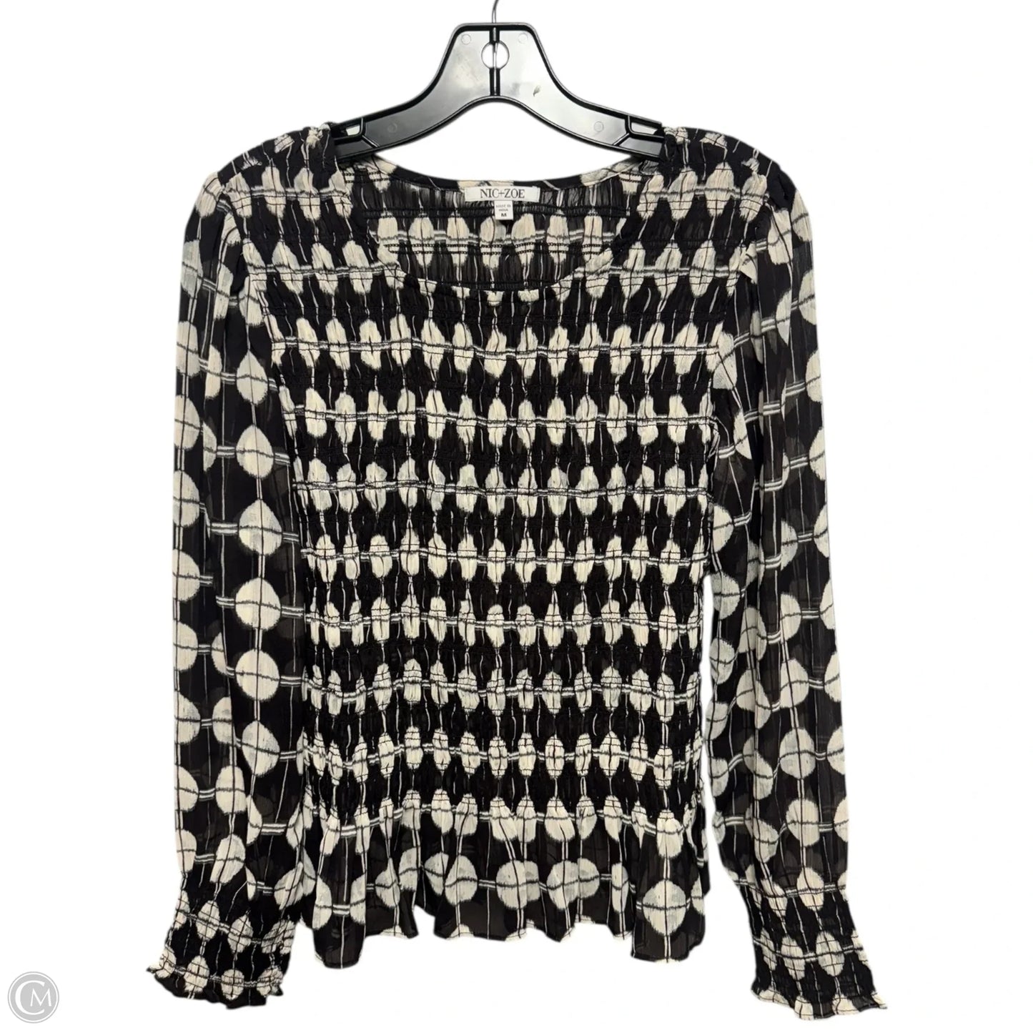 Smocked Blouse Long Sleeve By Nic + Zoe In Black & Cream, Size: M