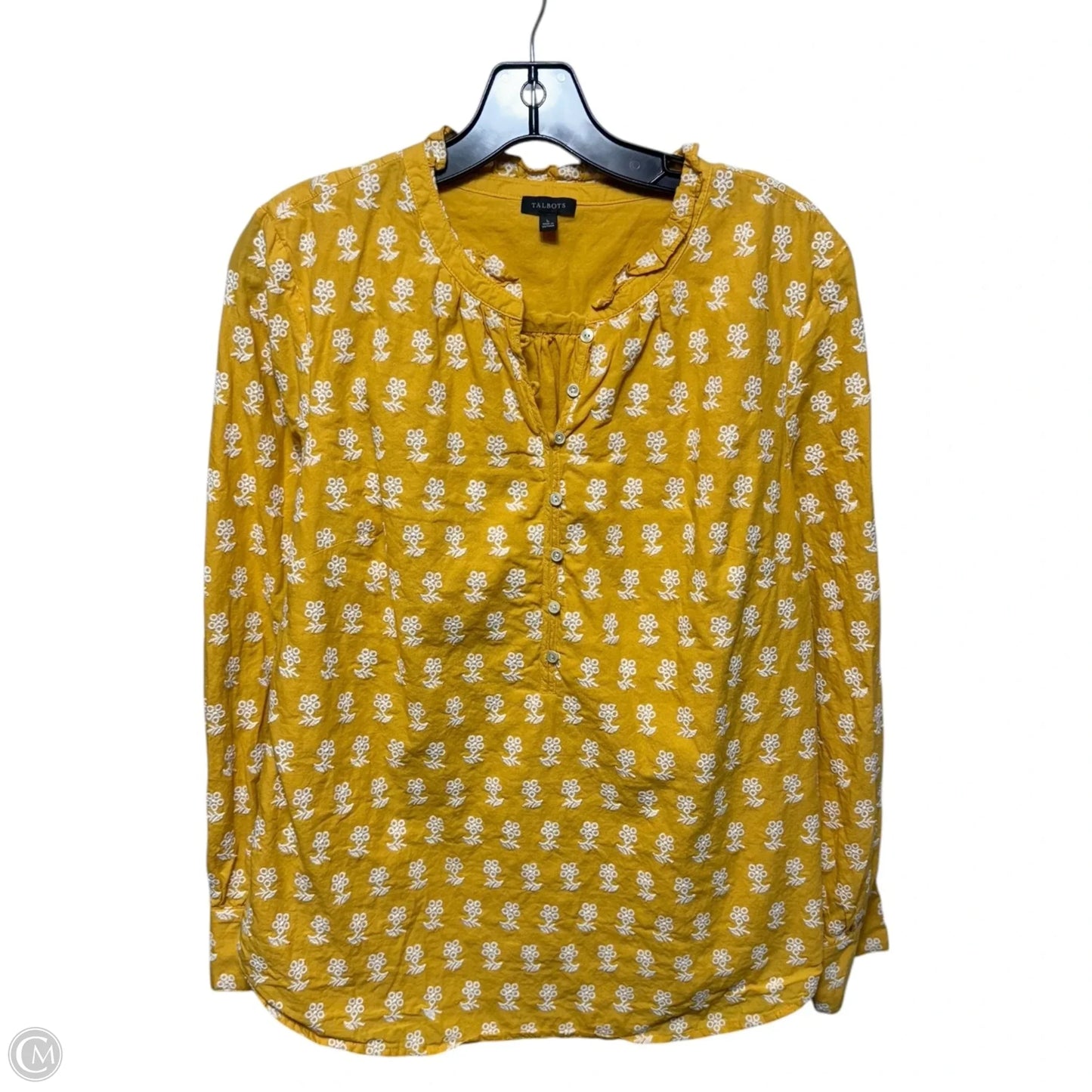 Floral Embroidered Blouse Long Sleeve By Talbots In Yellow, Size: L