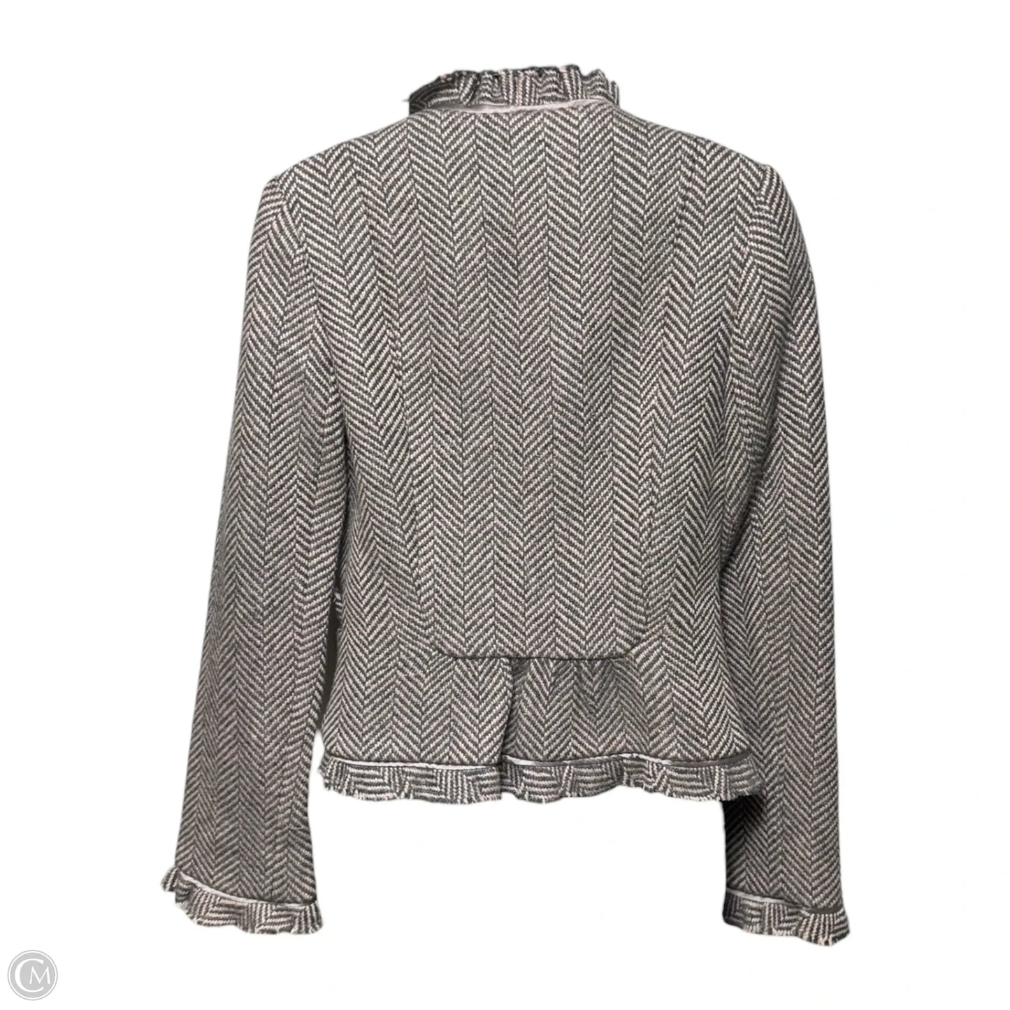 Vintage Y2K Silk Trim Wool Blend Herringbone Tweed Jacket By Rebecca Taylor In Grey & Pink, Size: 4