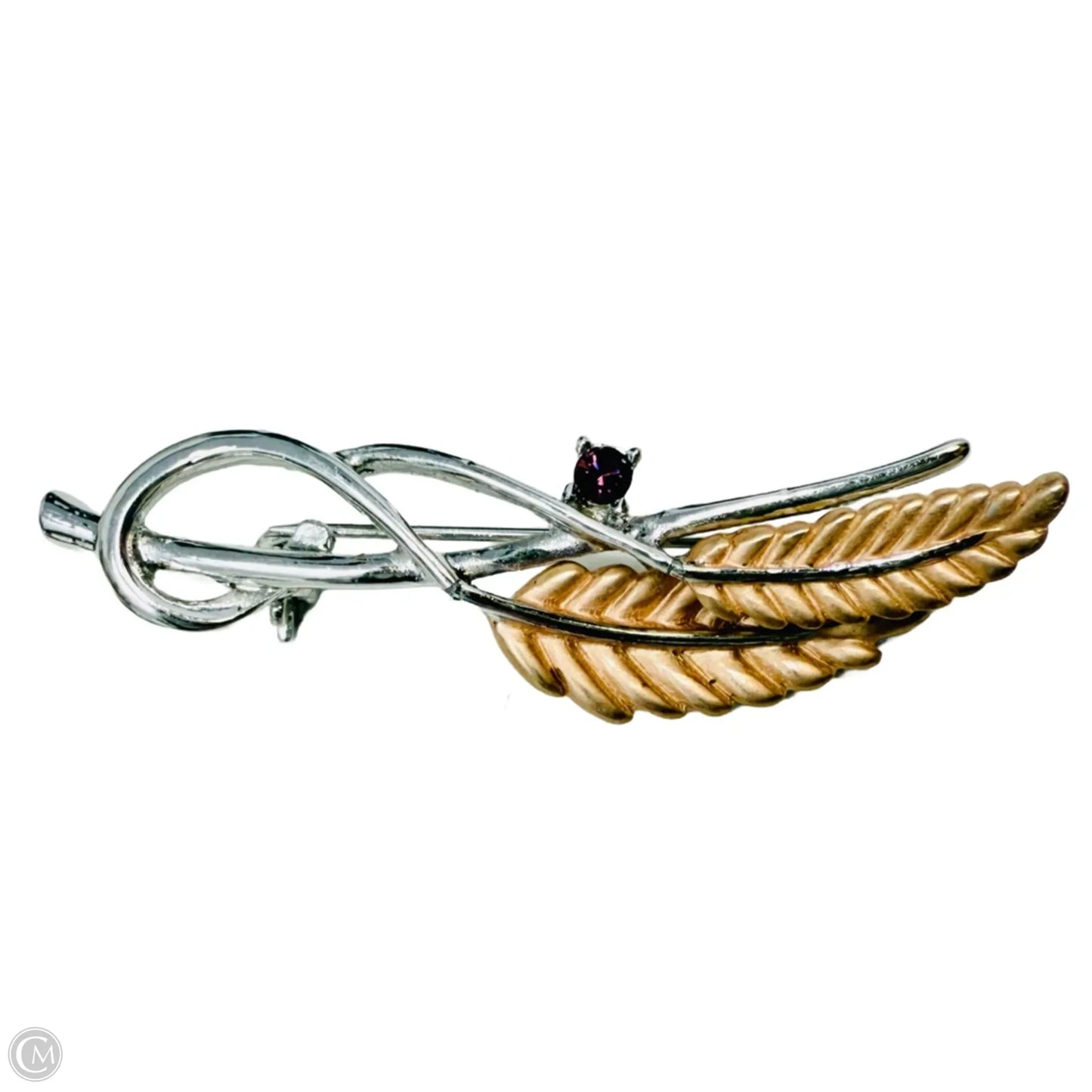 Vintage Two Tone Feather Leaf & Crystal Pin By FB