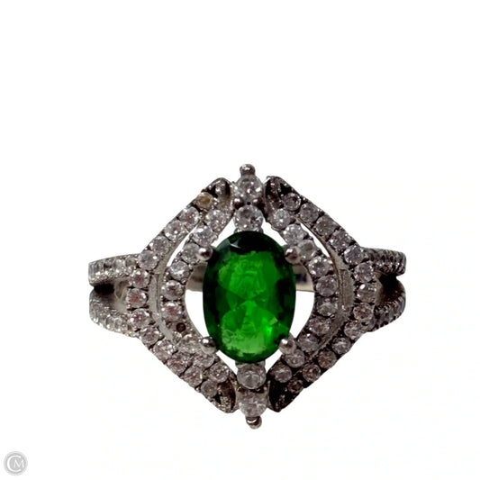Art Deco Sterling Silver CZ & Oval Emerald Cocktail Ring, Size: 7