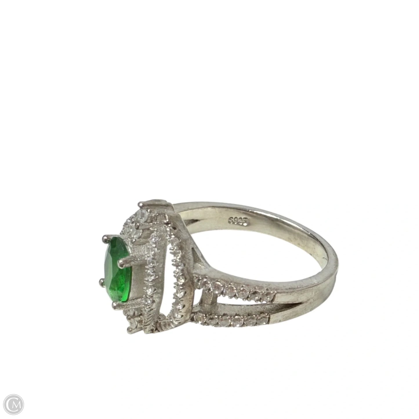 Art Deco Sterling Silver CZ & Oval Emerald Cocktail Ring, Size: 7