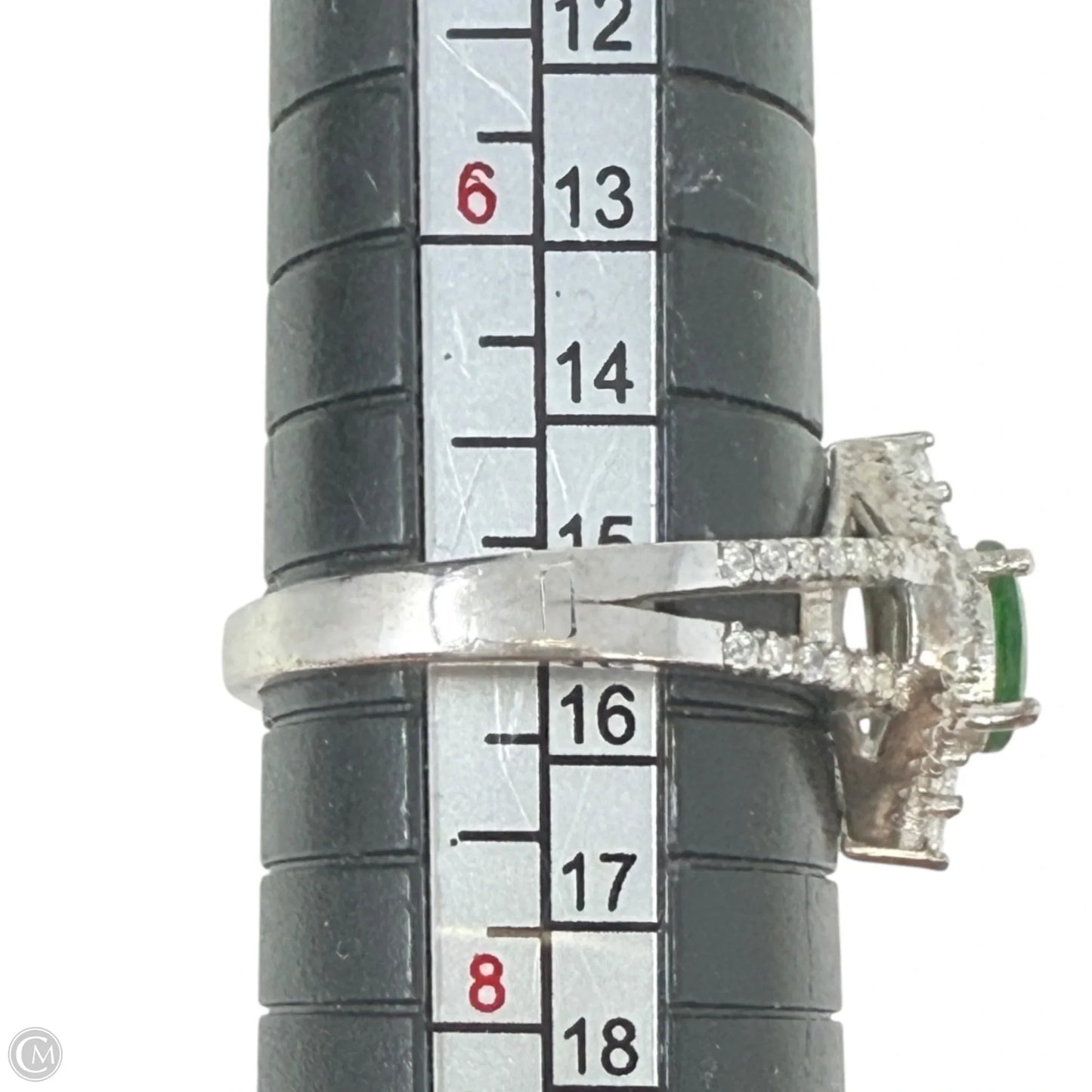 Art Deco Sterling Silver CZ & Oval Emerald Cocktail Ring, Size: 7