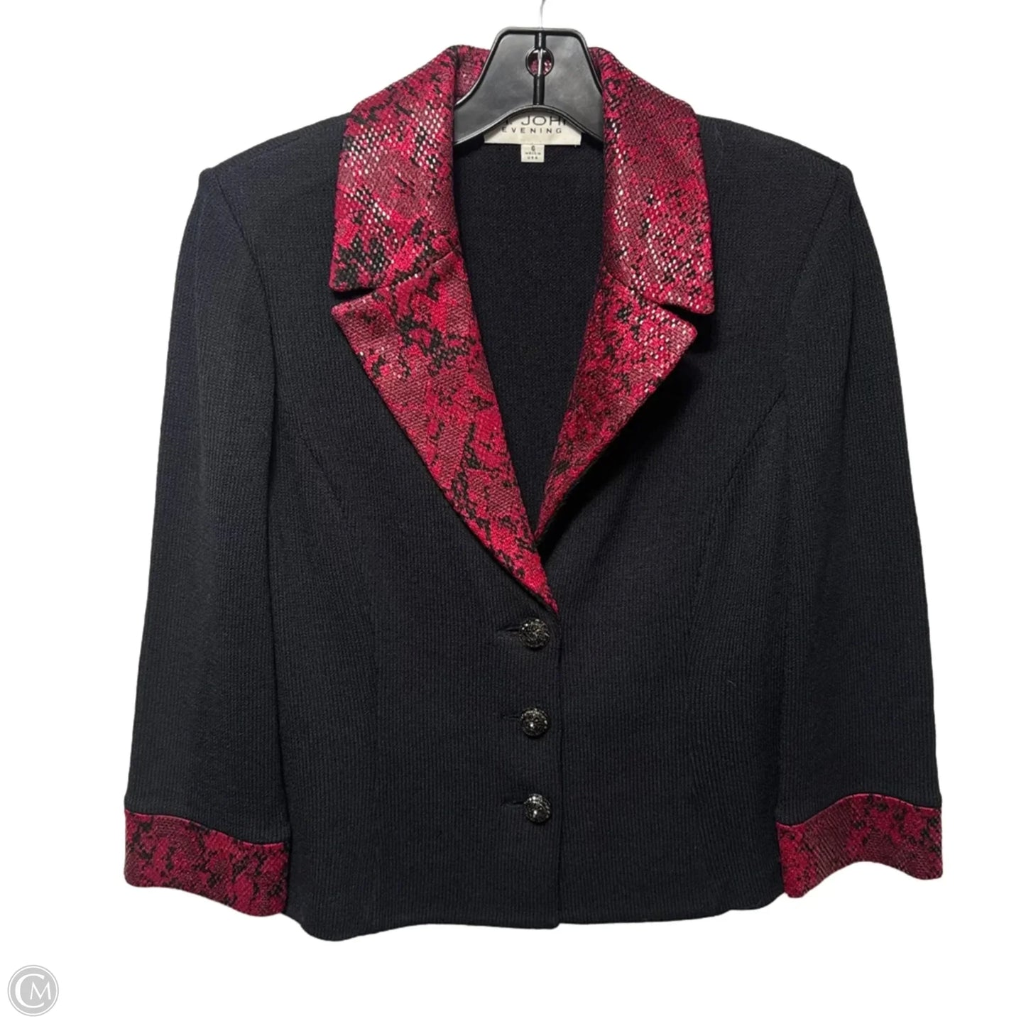Snakeskin Paillette Trim Blazer Luxury Designer By St John Collection In Black & Red, Size: 6