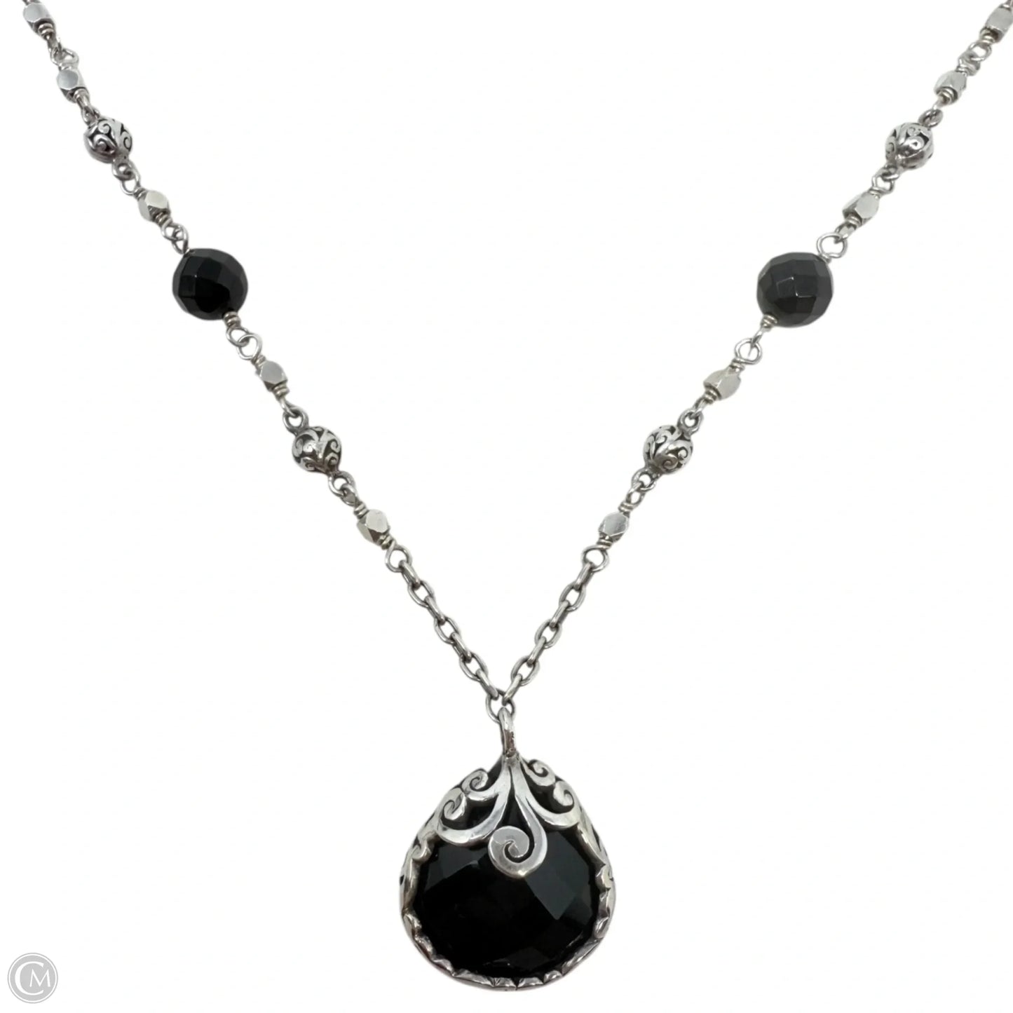 Sterling Silver Bulb-Shaped Faceted Black Onyx Pendant with Black Onyx  & Scroll Bead Link Chain Necklace By Lois Hill