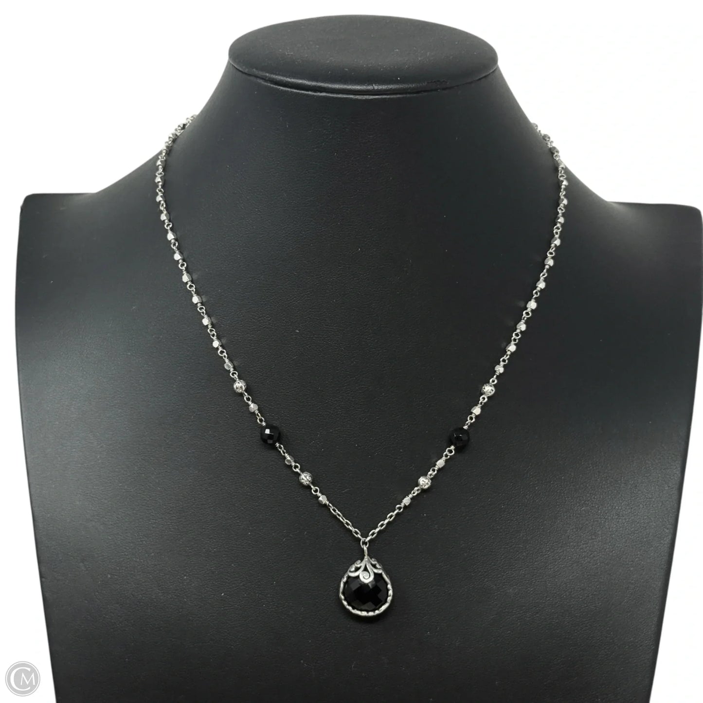 Sterling Silver Bulb-Shaped Faceted Black Onyx Pendant with Black Onyx  & Scroll Bead Link Chain Necklace By Lois Hill