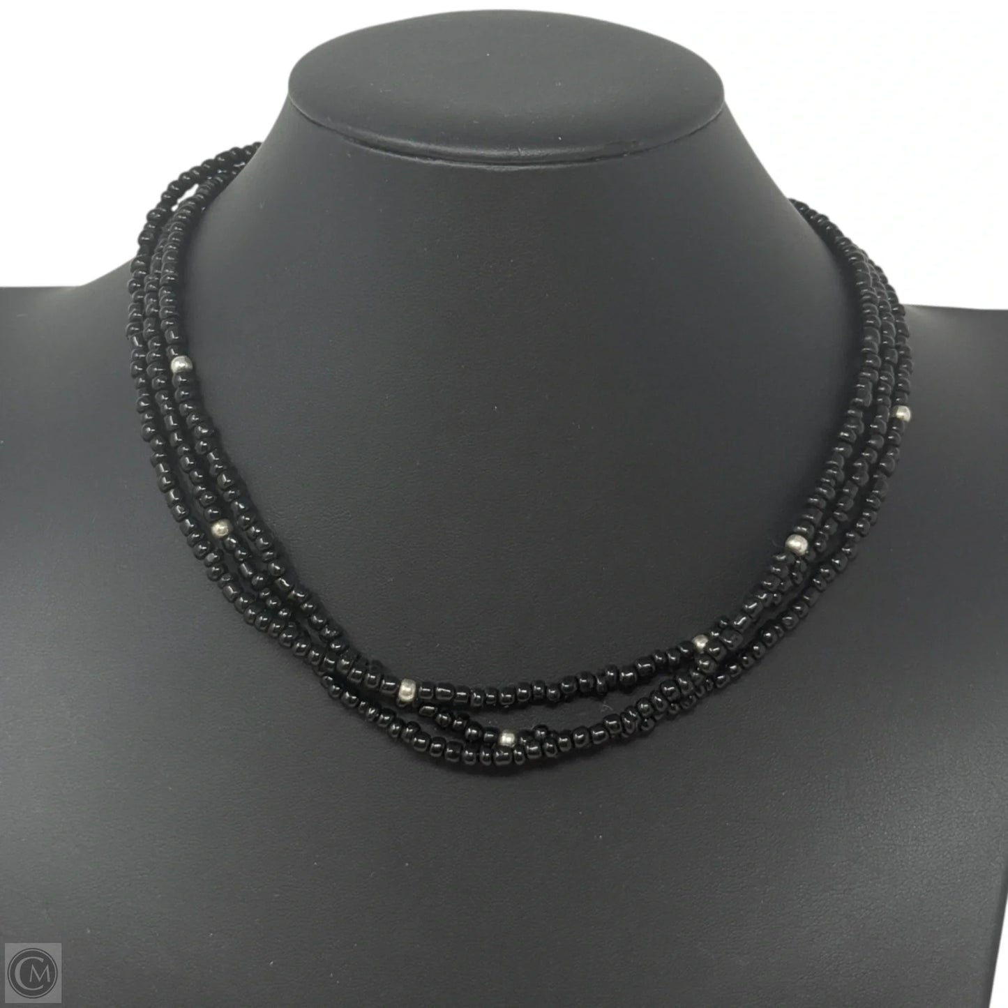 Triple Strand Sterling Silver & Black Glass Beaded Necklace By Silpada